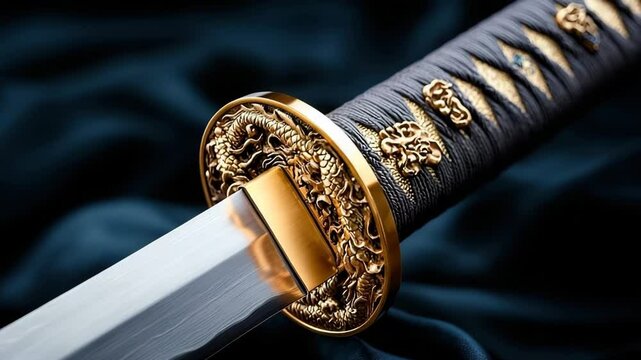 Close up of traditional Japanese katana sword featuring ornate gold dragon guard, black wrapped handle, and sharp steel blade, highlighting craftsmanship and elegance, with detailed guard and handle
