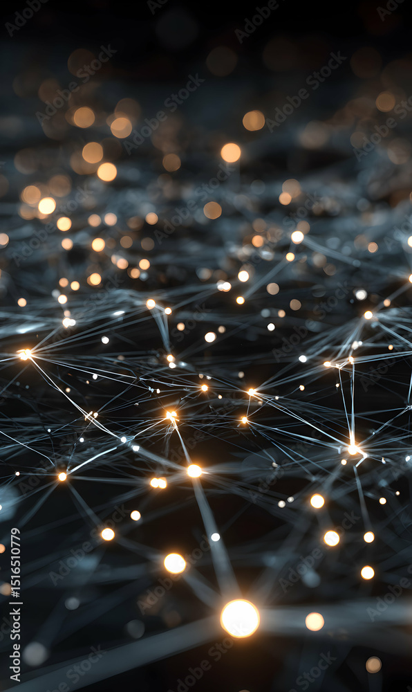 Poster abstract network representation with glowing nodes connecting through a web of lines on black backgr