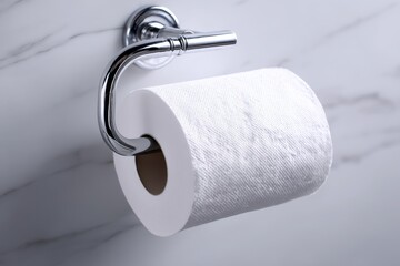 Obraz premium Close-up shot capturing a roll of fresh white toilet paper hanging on a sleek chrome holder, set against a pristine white marble wall in a modern bathroom.