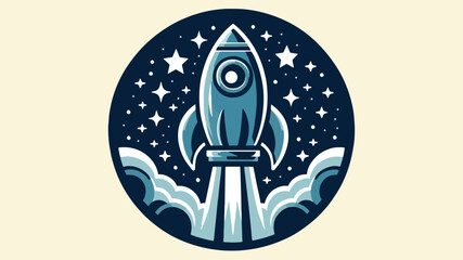 a logo that features a retro-inspired rocket ship, shades of blue and grey,