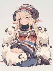 Anime girl with animal ears, horns, colorful attire, sitting among fluffy white sheep, white background, fantasy art.