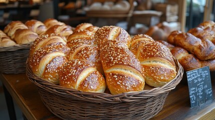 Loaves of Bread in Baskets on Wooden Counter