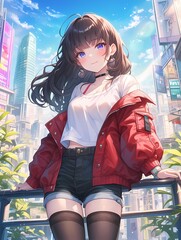 Anime young woman with striking blue eyes, standing on railing, red jacket, thigh-high stockings, slight smile.