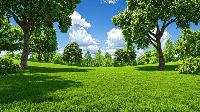 Vibrant green grass field under a bright sunny sky, lush green trees in background, creating a serene and peaceful landscape. Sunlight casts shadows on the grass, enhancing the natural beauty.