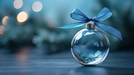 A shimmering clear glass Christmas ornament adorned with a festive blue bow embodies holiday cheer against a soft