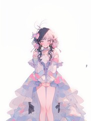 Anime girl with pink eyes, gentle smile, white background, pink flower in black hair, colorful frilled dress, bow.