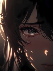 A young woman's tearful eyes, framed by dark hair, gaze directly at the viewer, conveying a sense of emotional vulnerability and sadness.