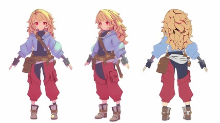 A female character with striking red eyes and blonde hair is showcased in three poses, dressed in blue and red attire, ready for adventure.