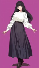 Anime character against purple background, white blouse, black skirt, boots, neutral expression.