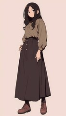 Female anime character standing with hand on hip, looking at viewer, brown shirt and skirt.