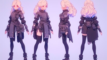 A female character with long blonde braids, red eyes, and medieval attire, including gloves, boots, and a pouch, stands against a purple background.