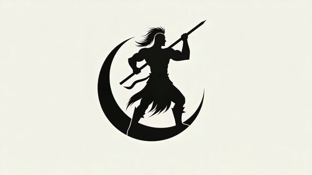 Stylized warrior silhouette with a spear in a powerful pose representing strength and courage inside a crescent moon