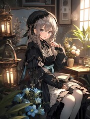 Anime illustration of a young girl with striking blue eyes sitting comfortably in a chair, engrossed in a book