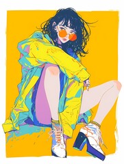 Anime art of a young woman with dark hair, yellow jacket, and orange sunglasses, sitting cross-legged on a bright yellow background, gazing directly at the viewer, digital portrait.