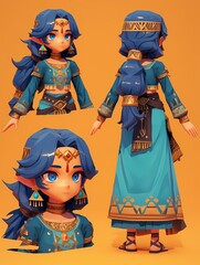 Anime style 3D character design, female fantasy illustration with blue eyes, black hair, and Arabian-inspired belly dancer attire, showcasing multiple angles against an orange background.