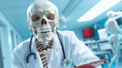 A humorous representation of a skeleton dressed as a doctor, complete with a stethoscope, conveying a quirky blend of healthcare and skeleton symbolism in a medical environment.