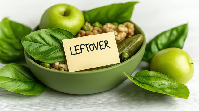 Healthy leftover meal in green bowl Fresh green apple, leafy greens, and nuts in a labeled bowl of leftovers promoting clean eating and zero food waste lifestyle