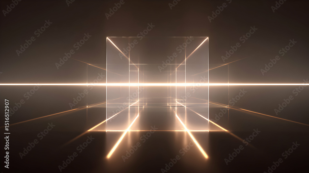Poster Abstract geometric art with transparent cube shapes and glowing lines creating tunnel effect