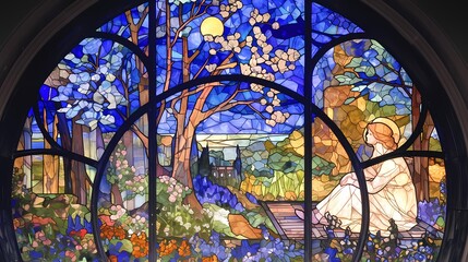 Anime girl sitting on bench, tranquil garden, lush flowers, tall tree, clear blue sky, full moon, peaceful illustration.