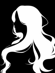 Elegant female silhouette, black and white, flowing hair, graceful profile, stark white background, minimalist art.