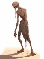 Skeletal figure with white eyes standing in desert, open mouth, fantasy art.