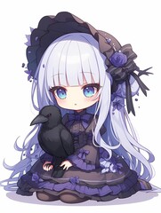 Chibi character with crow, misty setting, dark hat with purple flowers, fantasy art.