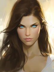 Anime girl detailed portrait; Dark brown hair blue eyes illustration; Gentle smile soft lighting art