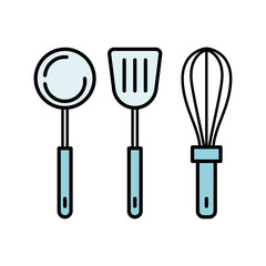 おたま、フライ返し、泡立て器のシンプルな調理器具セットのベクターイラスト。白背景で独立した線画スタイルのデザイン｜調理器具,おたま,フライ返し,泡立て器,キッチン用品