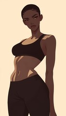 Anime woman with toned physique, neutral expression portrait.