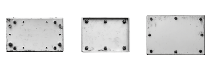 Rustic metal plates industrial setting photographic series close-up on transparent background