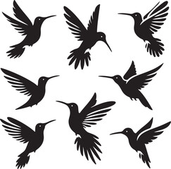 Obraz premium A collection of eight hummingbird silhouettes in various flight poses, showcasing their elegant forms and intricate wing details.