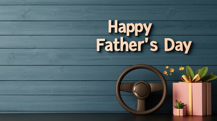 Father"s Day greeting with a steering wheel and gift box on a blue wooden background.