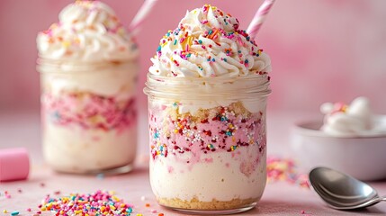 A delightful dessert jar layered with creamy frosting and colorful sprinkles creating a dreamy treat perfect for a sweet