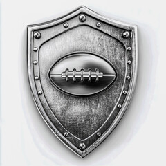 Shiny Silver Metal Football Shield Logo with Layered Rivets Bolts Embossed Football Icon Minimalist Powerful Design on White Background.