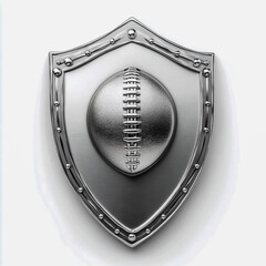 Shiny Silver Metal Football Shield Logo with Layered Rivets Bolts Embossed Football Icon Minimalist Powerful Design on White Background.