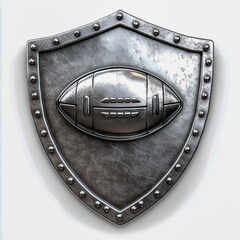 Shiny Silver Metal Football Shield Logo with Layered Rivets Bolts Embossed Football Icon Minimalist Powerful Design on White Background.