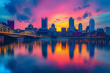 Obraz premium City skyline reflecting in river with a beautiful sunset in the background