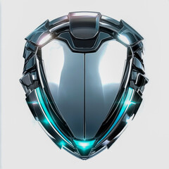 Futuristic Football Shield Logo Featuring Polished Chrome and Steel Textures with Sharp Edges Sleek Design and Glowing Metallic Highlights Isolated on Pure White Background High Detail and Symmetry.