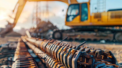 Stacked steel beams in close-up view representing trade barriers and economic protectionism, industrial strength and construction material concepts.