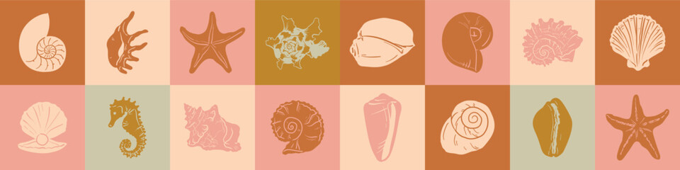 Colorful pastel boho sea shell set. Hand drawn drawing illustration for logo, print, menu. Summer beach ink doodle elements. Vector coastal marine design icons.	Clam, conch, cockle, scallop shells.