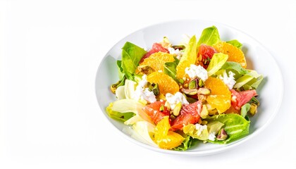 Citrus fruit and chicory salad with ricotta and pistachios isolated on white background, winter greens, gourmet appetizer, copy space