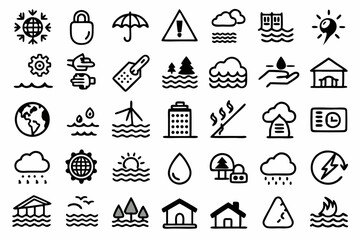 Fototapeta premium Flood river water natural disaster line icons a set of high quality graphic elements