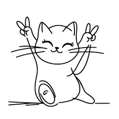 Cute cat making peace signs in a playful single line outline vector  