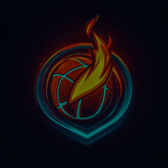 Flaming Basketball Emblem Futuristic Chrome Minimalist Sleek Neon Glow Aggressive Energetic Modern Professional Sports Logo on Dark Background.