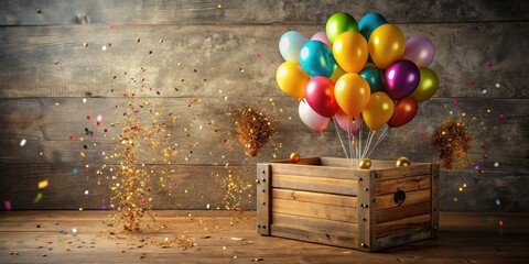 A rustic wooden crate sits amidst a celebratory explosion of colorful balloons and glittering confetti, capturing the essence of joyous festivity