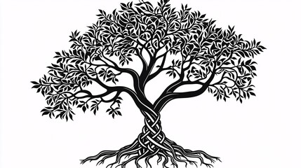 pine tree of life with bold black outlines, roots forming geometric base, branches swirling upward in intricate knots, centered on white space pine tree tattoo black outline geometric roots 