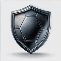Sleek Brushed Metal Football Emblem with Intricate Engravings Bold 3D Sharp Angular Design Realistic Reflections Clean White Background Professional Sports Logo Style.