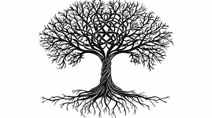 pine tree of life with bold black outlines, roots forming geometric base, branches swirling upward in intricate knots, centered on white space pine tree tattoo black outline geometric roots 