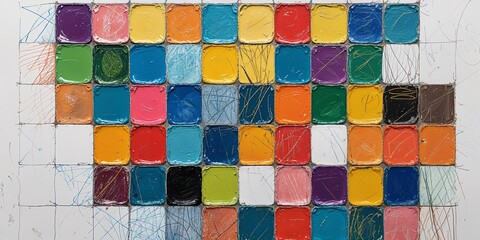 Whimsical patchwork of painted color tiles and scribbles on plain white background