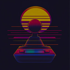 Retro arcade joystick logo glowing with 80s vaporwave colors pixel art style bold lines vibrant gradients synthwave background nostalgic gaming vibe clean emblem design perfect for vintage gamers.